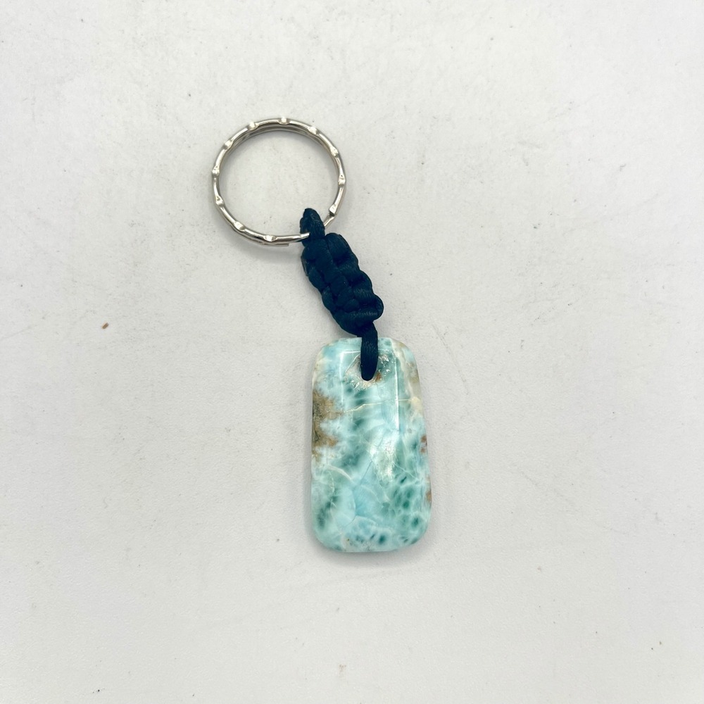 Larimar Keychain Blue Rectangular Polished Gemstone Key Ring Rope Pendant